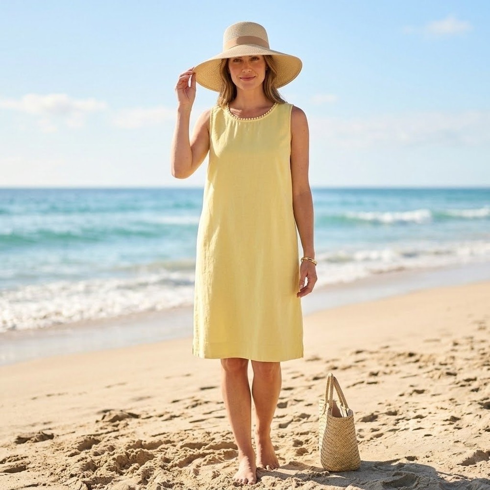 M&S Linen Blend Shift Dress Womens 10 Yellow Summer Vacation Resort Wedding Chic